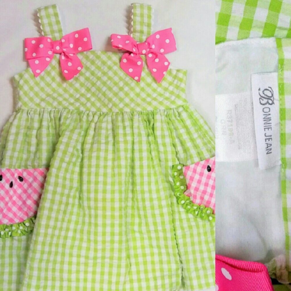 Bonnie Jean Green Pink Watermelon Gingham Size 4 Dress for Kids